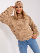 Hurt Beżowy sweter oversize z okrągłym dekoltem