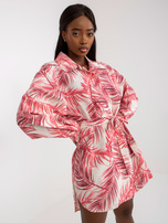 Hurt Koralowo-beżowa lniana sukienka szmizjerka z printem