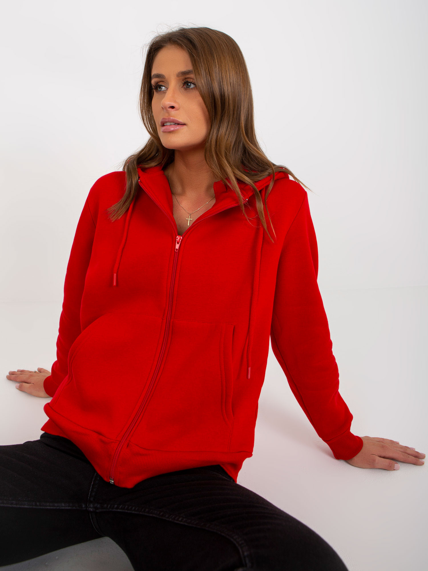 Czerwona dresowa rozpinana bluza basic z kapturem RUE PARIS