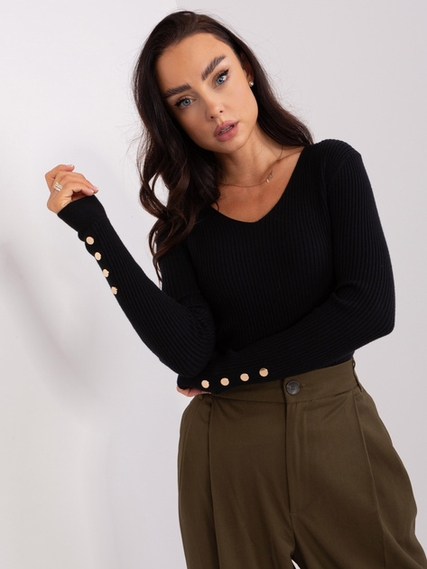 Hurtownia Czarny prążkowany sweter damski