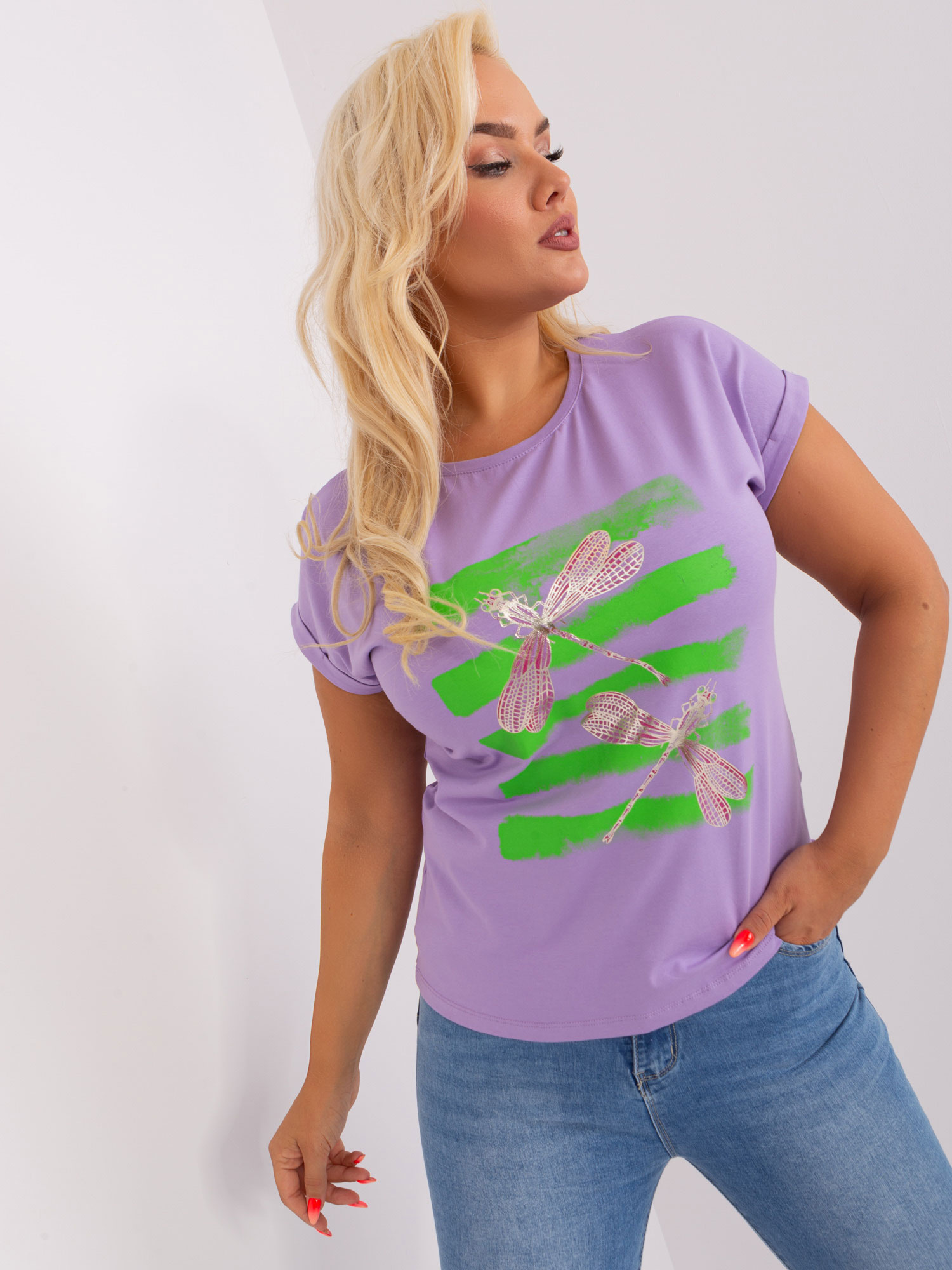 Jasnofioletowa bluzka plus size z nadrukiem