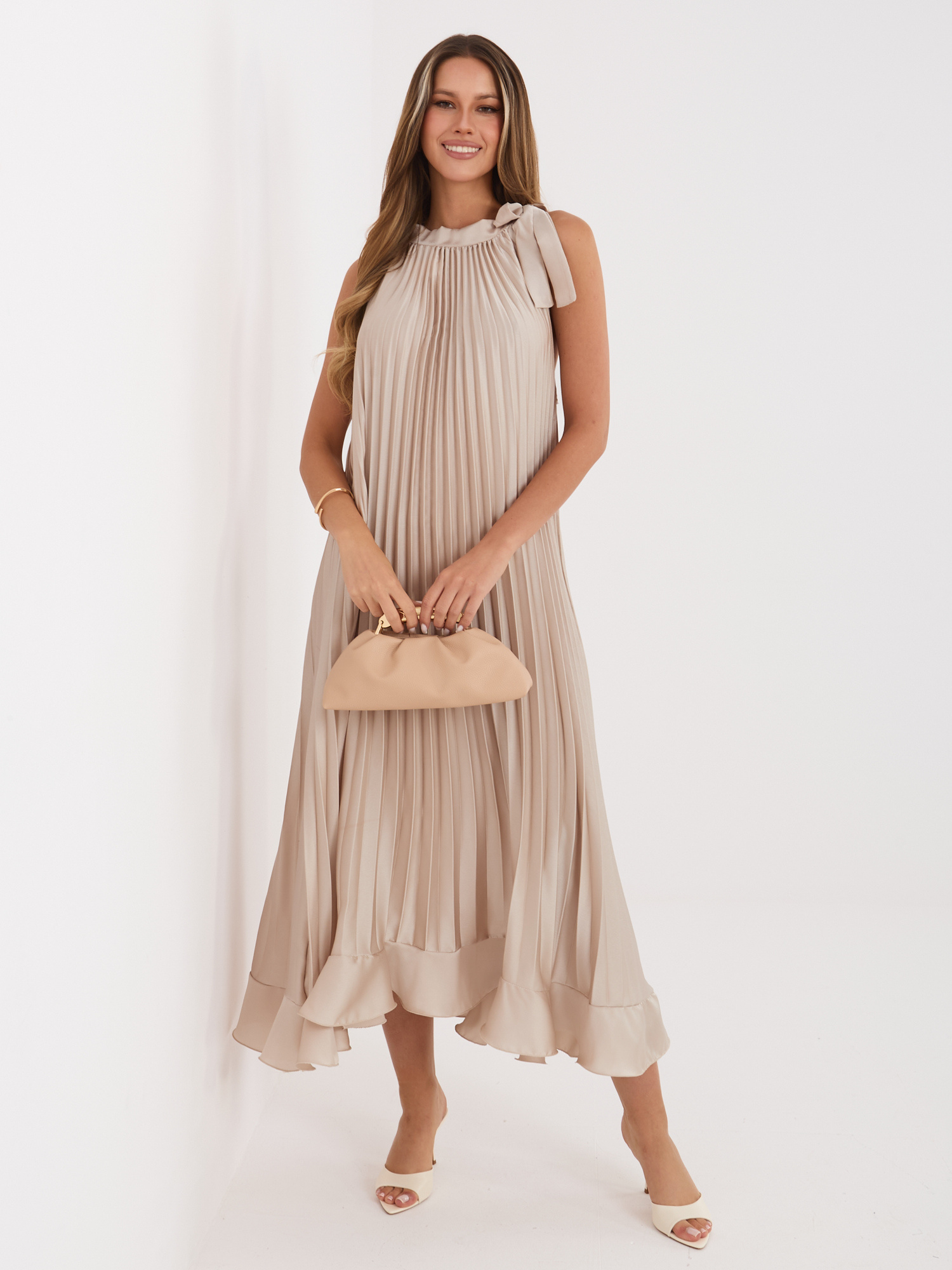 Beżowa sukienka z wiązaniem na ramieniu RUE PARIS 