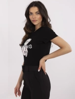 Czarno-różowy damski t-shirt z aplikacją misia