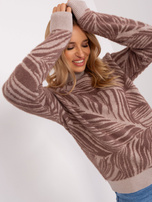 Hurt Brązowy damski sweter z golfem we wzory