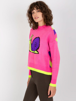 Großhandel Rosa klassischer Pullover mit buntem Druck.
