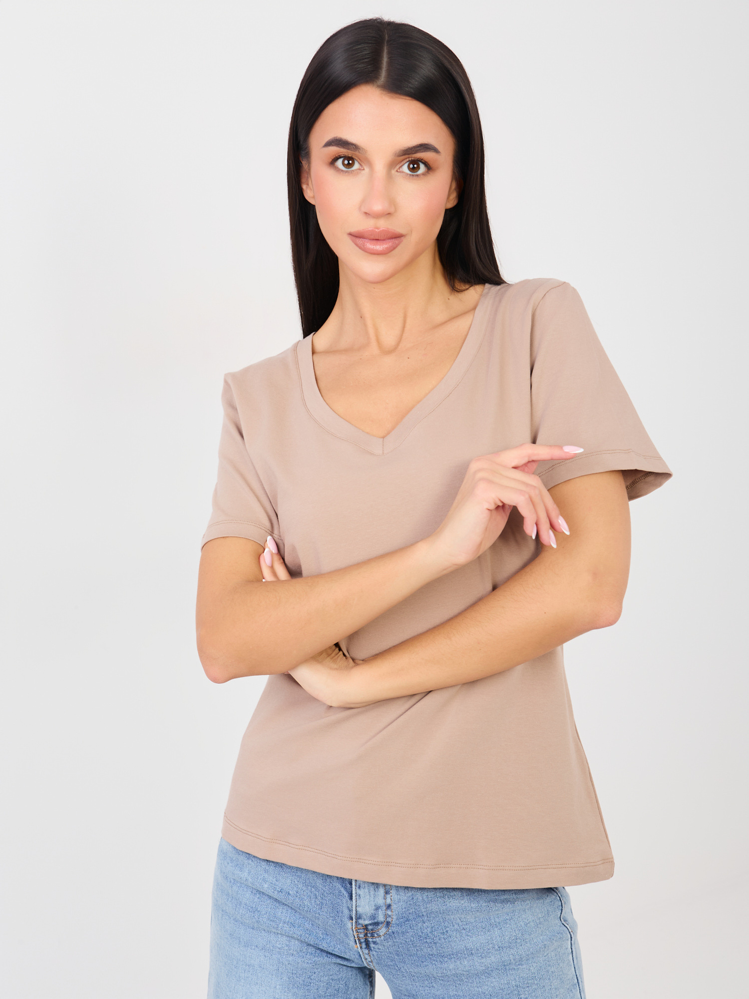 Ciemnobeżowy klasyczny t-shirt basic RUE PARIS