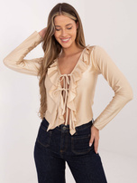 Beżowa gładka bluzka z kokardkami