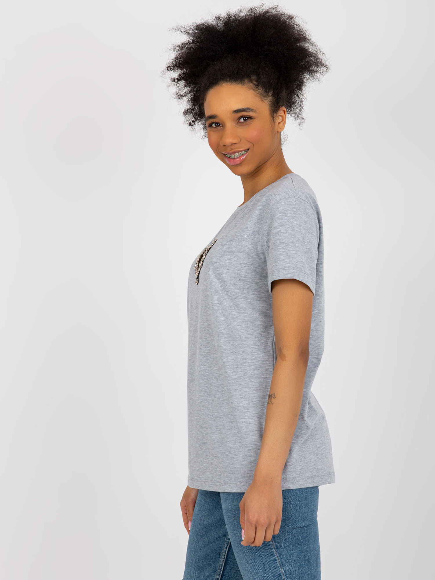 Hurt Gray women's t-shirt with appliqués and cutout.