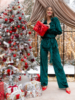 Hurt Ciemnozielony welurowy komplet z koszulą