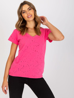 Różowy bawełniany t-shirt z dekoltem V 
