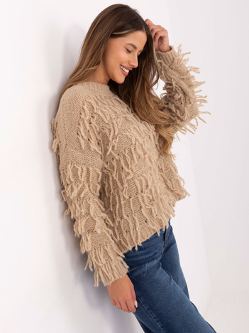 Beżowy damski sweter w stylu boho RUE PARIS
