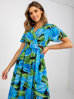 Niebiesko-czarna wzorzysta sukienka midi z paskiem 