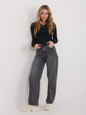 Czarna ażurowa bluzka basic z długim rękawem