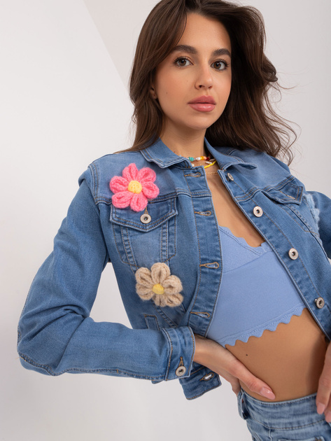 Hurt Niebieska kurtka jeansowa z aplikacjami