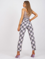 Ecru-fioletowe damskie spodnie garniturowe w kratę