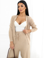 Camel sweater set with a V-neck.