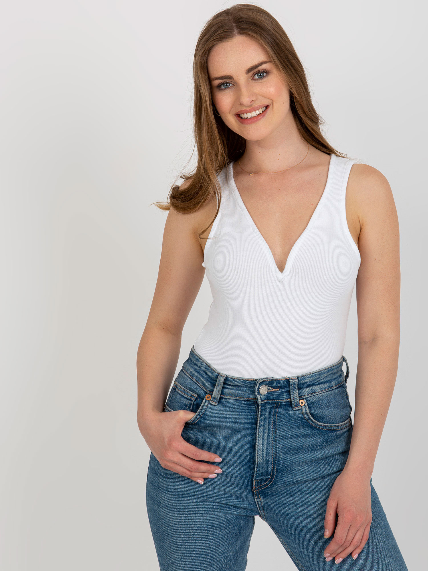 Wholesale White Striped Basic Body with V-neck