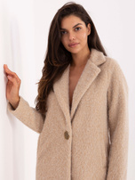 Beige single-breasted women's coat.