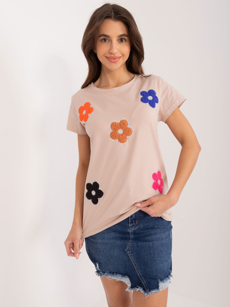 Hurt Ciemnobeżowy t-shirt z aplikacją w kwiaty BASIC FEEL GOOD