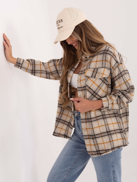 Hurt Beżowa ciepła koszula w kratę z zapięciem na guziki