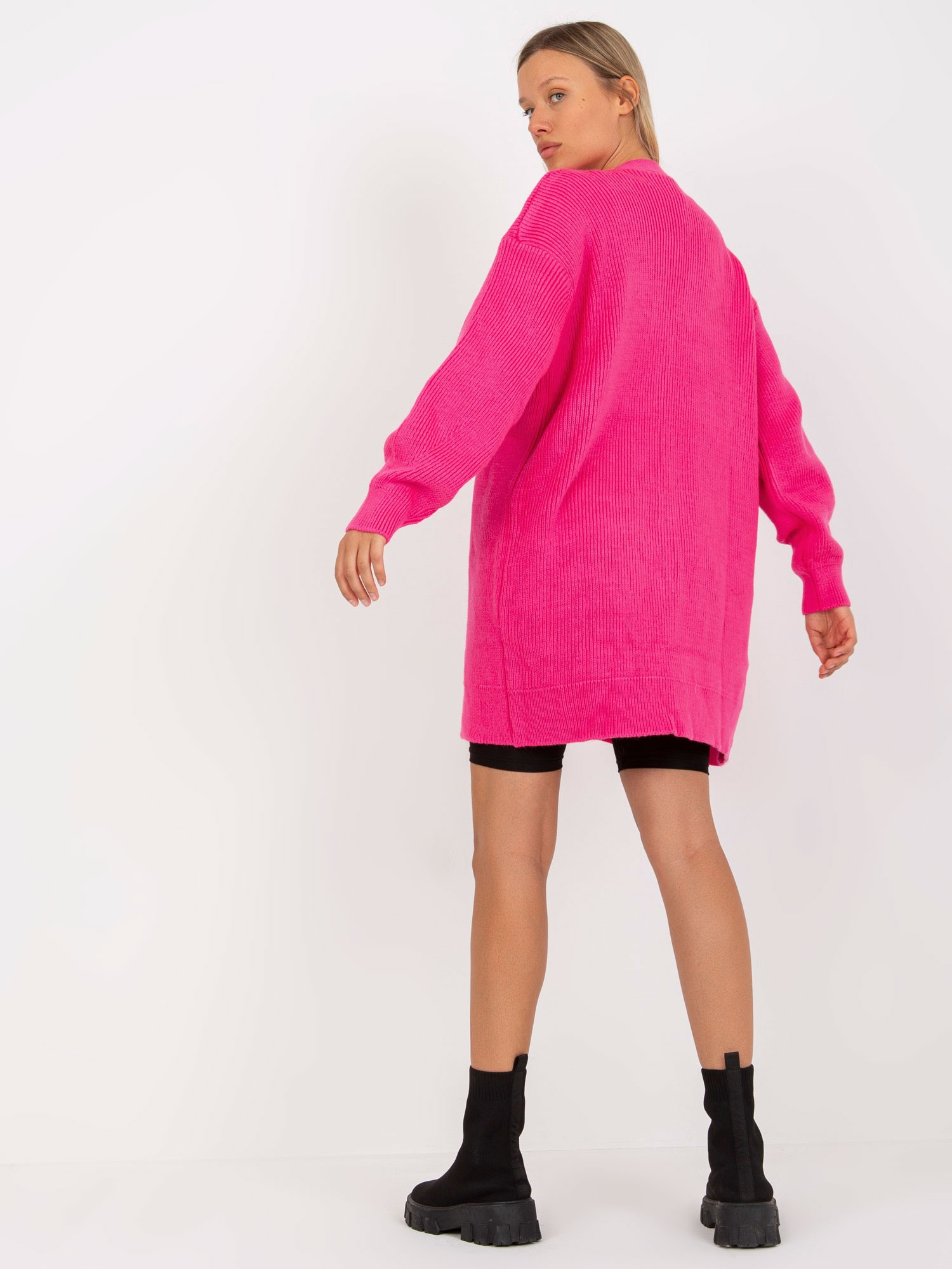 Fluo różowy długi sweter rozpinany z guzikami RUE PARIS