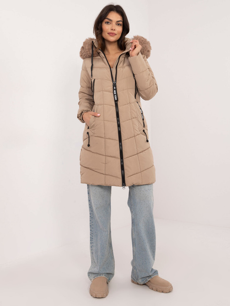Hurt Beżowa długa kurtka zimowa ze ściągaczami