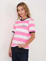 Fluo różowo-granatowy damski t-shirt z bawełny 