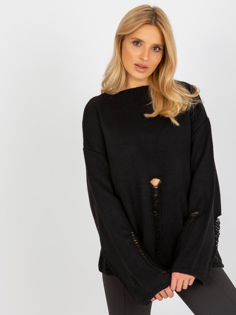 Hurt Czarny damski sweter oversize z dziurami z wełną