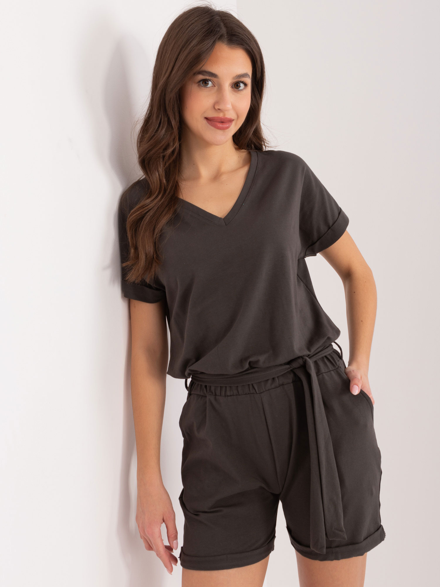 Wholesale Dark Khaki Short Jumpsuit with Belt