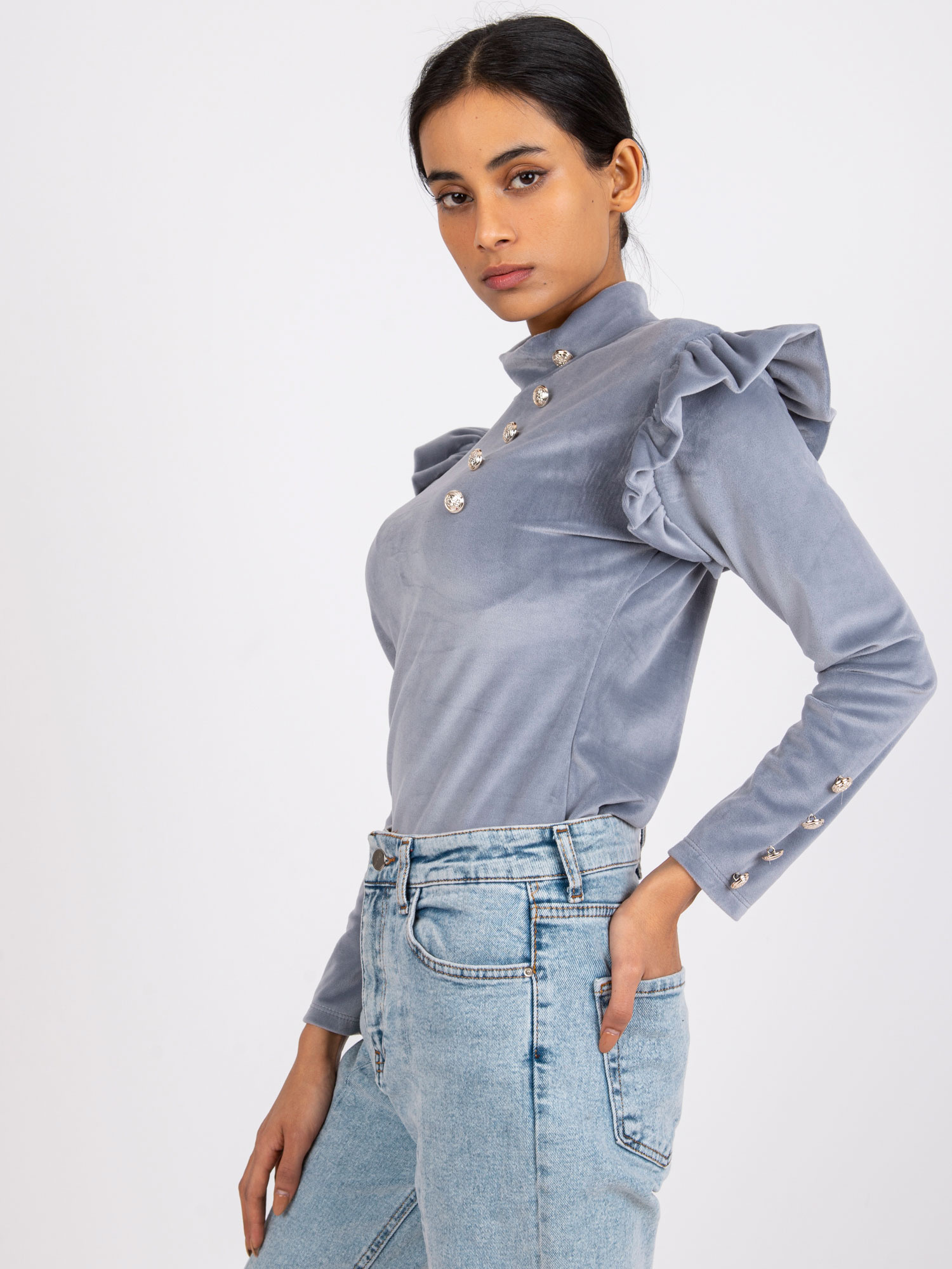 Gray Velour Long Sleeve Capri Blouse