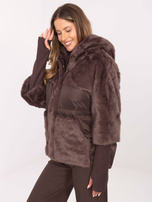 Dark brown winter jacket with a hood.