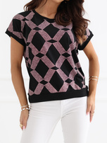Black blouse with a geometric pattern.