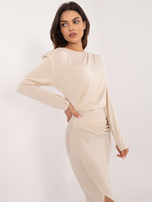 Hurt Jasnobeżowa midi sukienka koktajlowa z drapowaniem