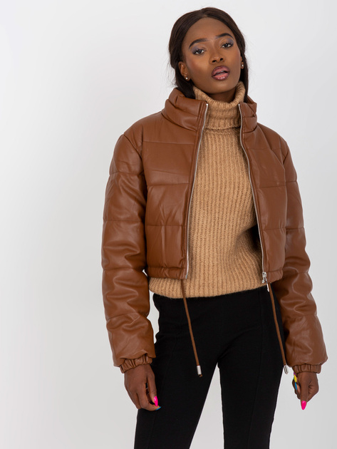 Hurt Brązowa krótka kurtka zimowa ze skóry ekologicznej