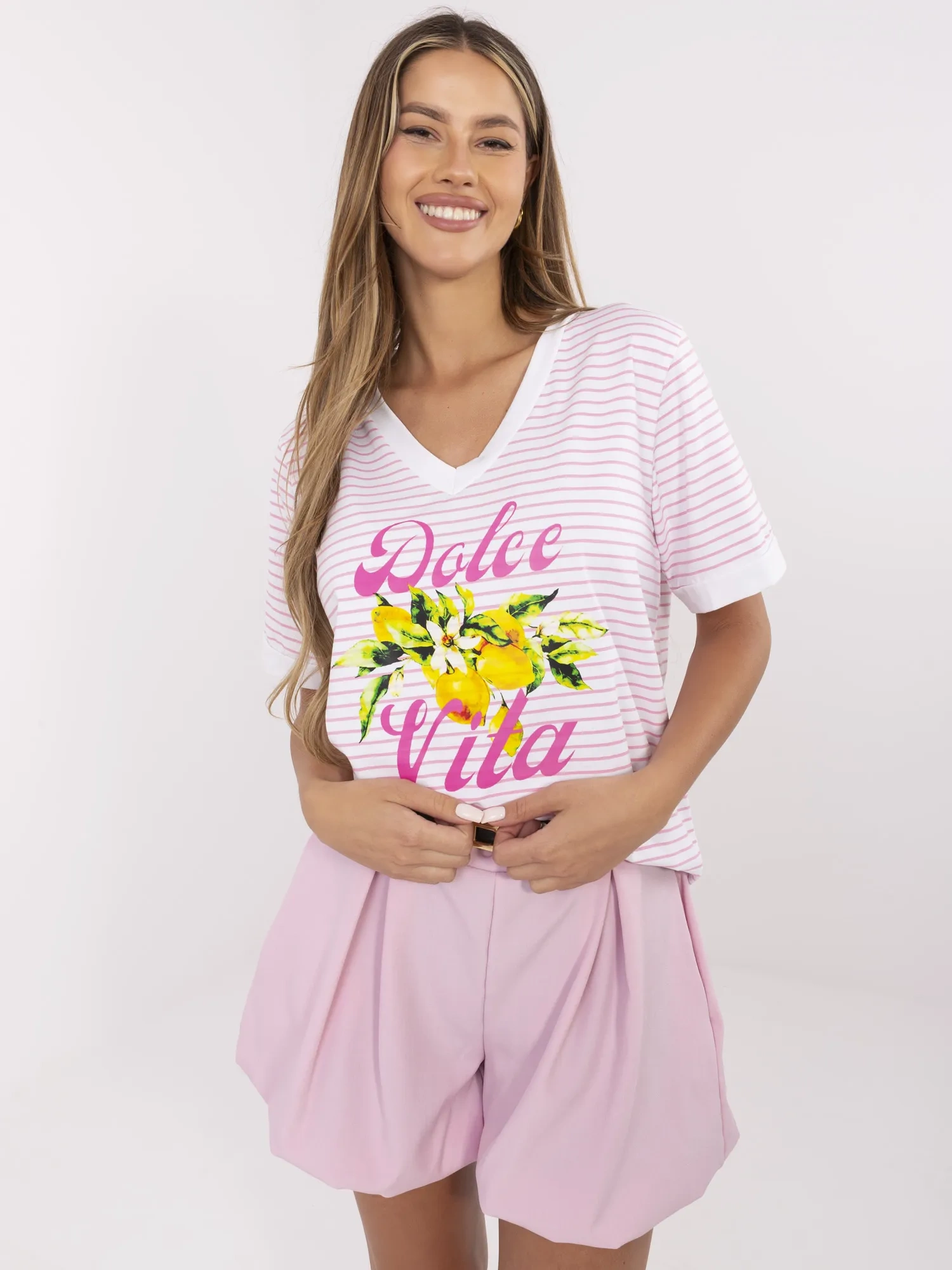 Pink and white blouse with lemon print.