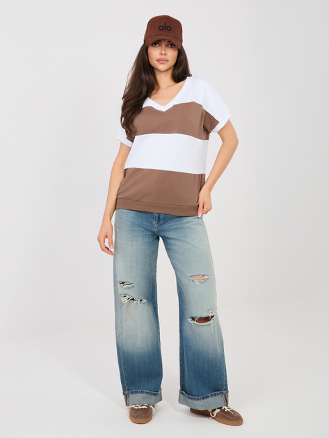 Biało-brązowa bawełniana bluzka z dekoltem V