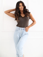 Brązowy damski top z koronką przy dekolcie