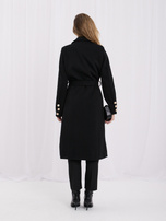 Black double-breasted coat with a tied belt.