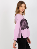 Hurt Light purple blouse with lace and tie.