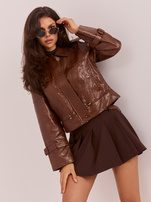 Light brown eco-leather jacket with stripes on the sleeves.