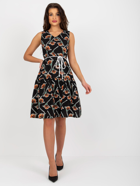 Hurtownia Czarna lniana sukienka w kwiaty z falbaną