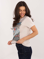 Jasnobeżowy bawełniany t-shirt z nadrukiem