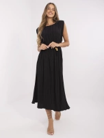 Black summer dress with shoulder pads.