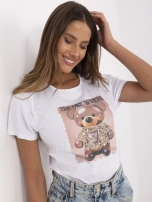 Biało-beżowy damski t-shirt z nadrukiem 