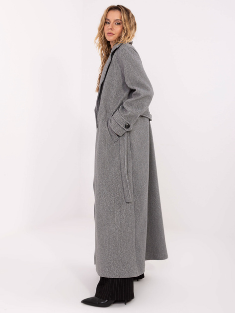 Szary elegancki płaszcz z wiązanym paskiem