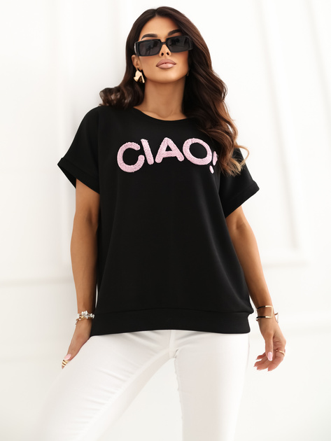 Czarna bluzka oversize z kontrastowym napisem RUE PARIS