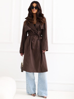 Brązowy dwurzędowy trencz z paskiem RUE PARIS 