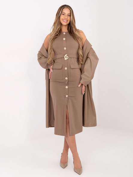 Ciemnobeżowa midi sukienka z rozcięciem