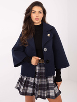 Granatowy damski płaszcz z broszką RUE PARIS