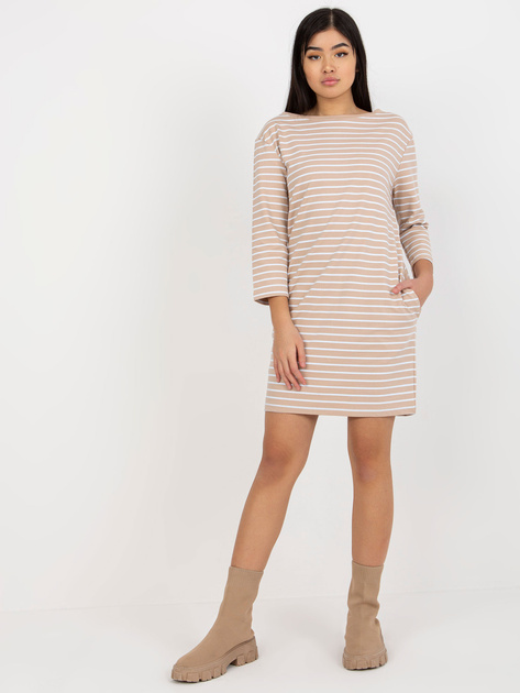 Hurt Beżowo-biała sukienka basic z kieszeniami RUE PARIS